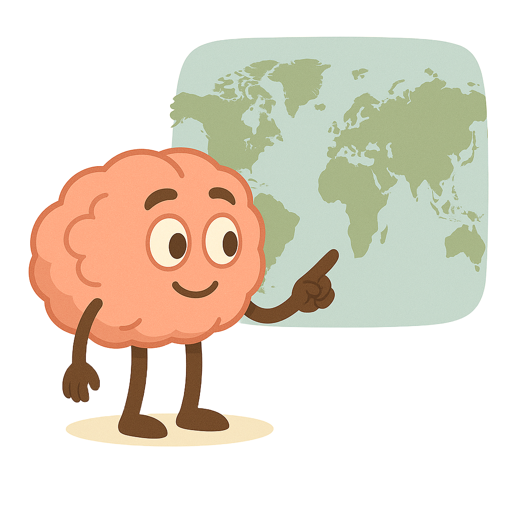 Brainy mascot pointing at world map showing global reach