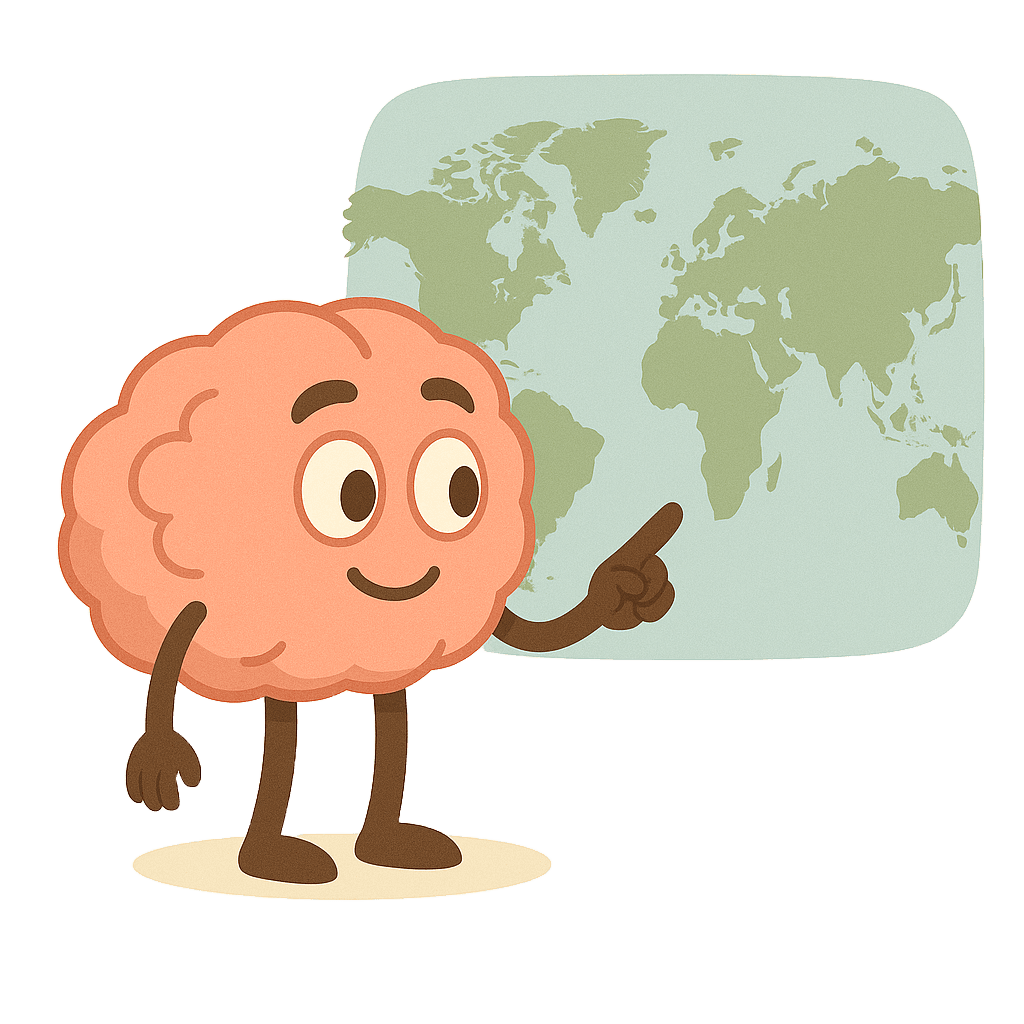 Brainy mascot pointing at world map showing global reach
